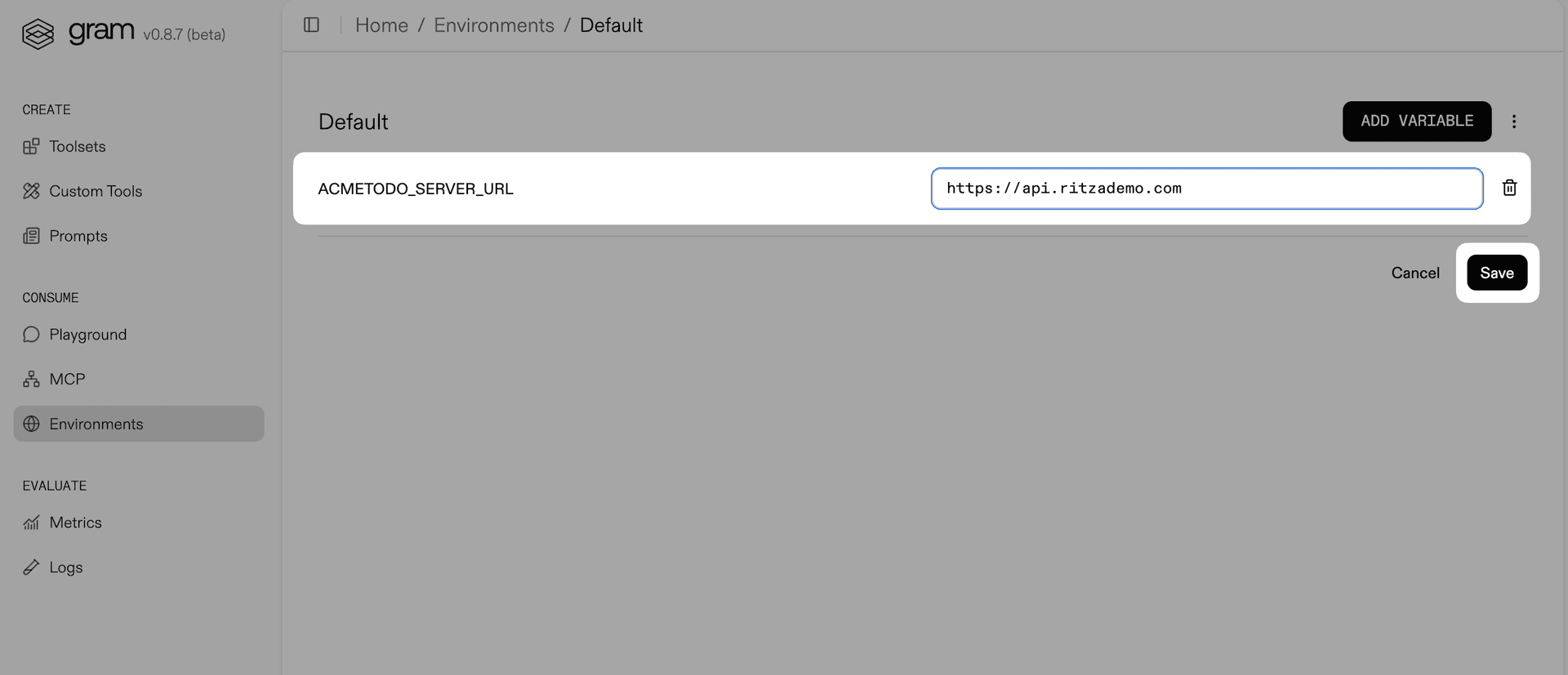 Screenshot showing setting the server URL environment variable
