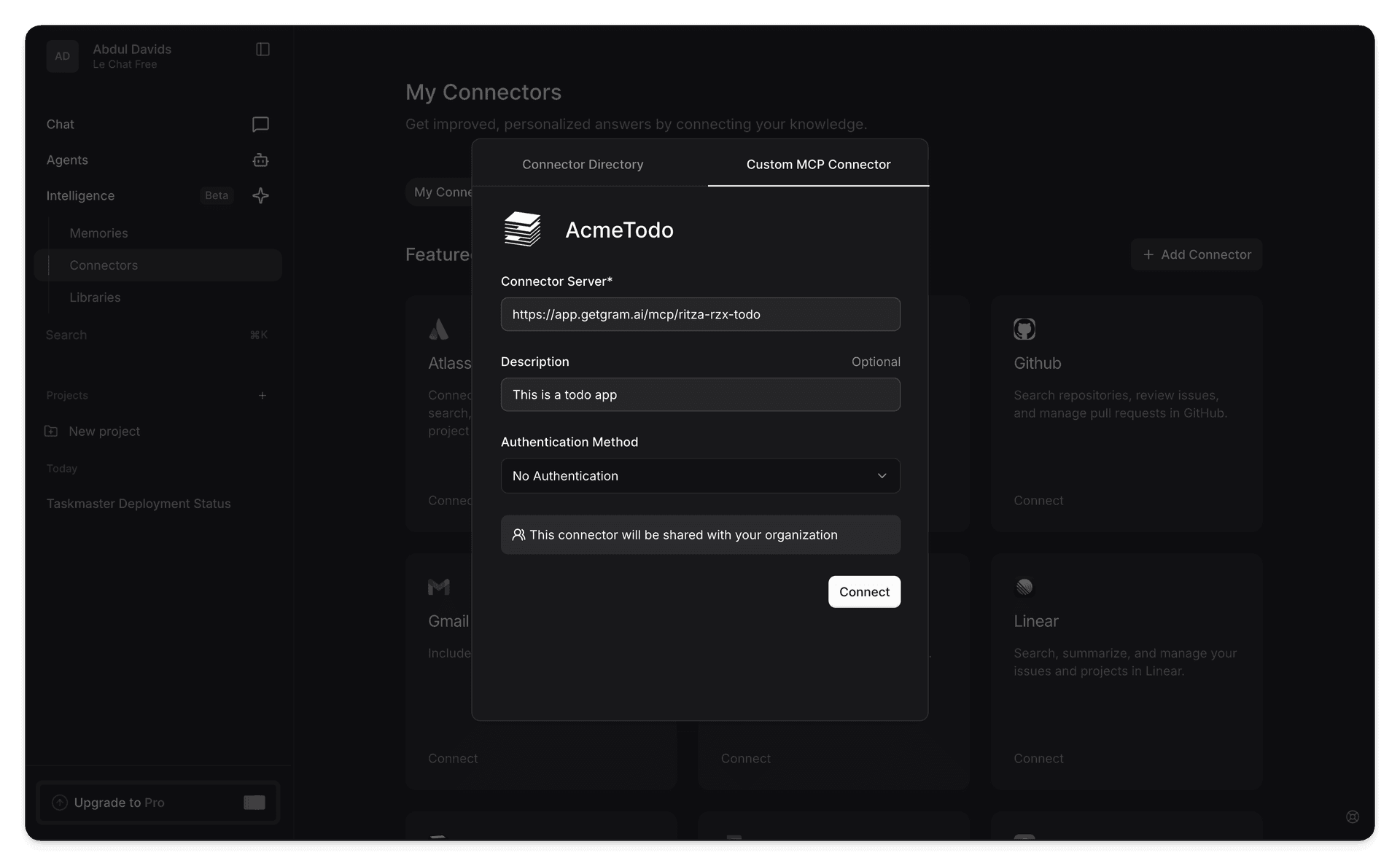 Screenshot showing the Mistral Add Custom Connector dialog