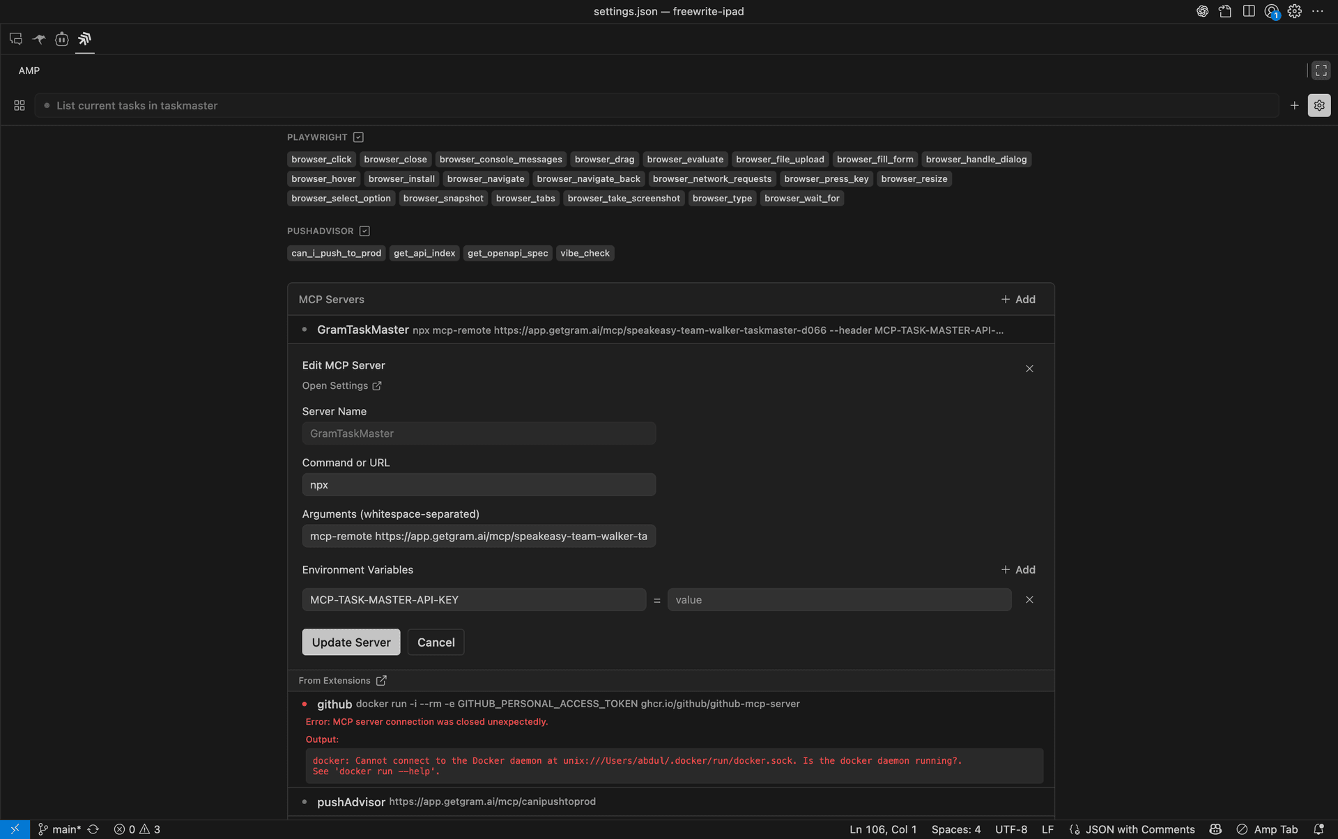 Screenshot showing the Amp MCP server configuration interface