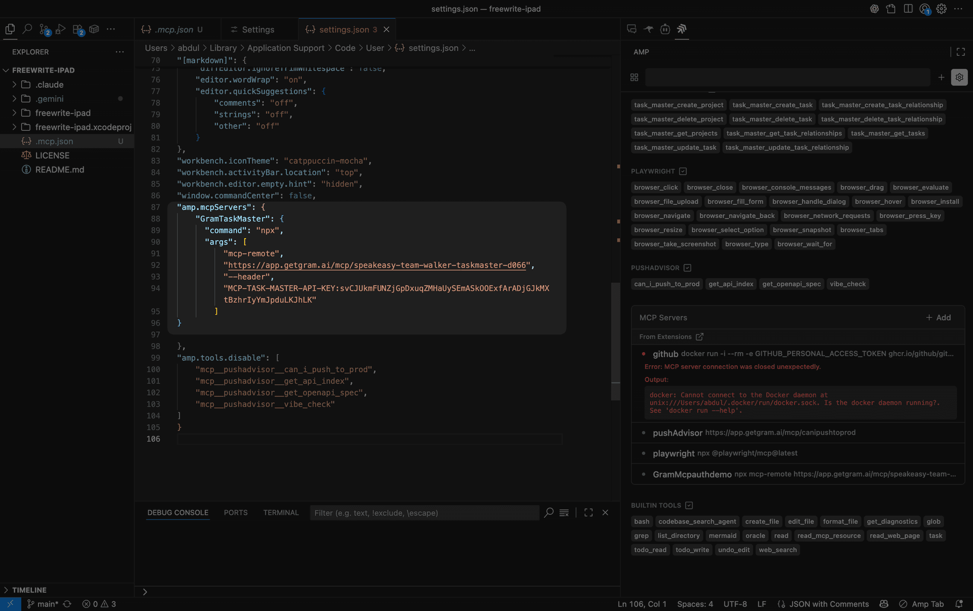 Screenshot showing the Amp settings.json file with MCP server configuration