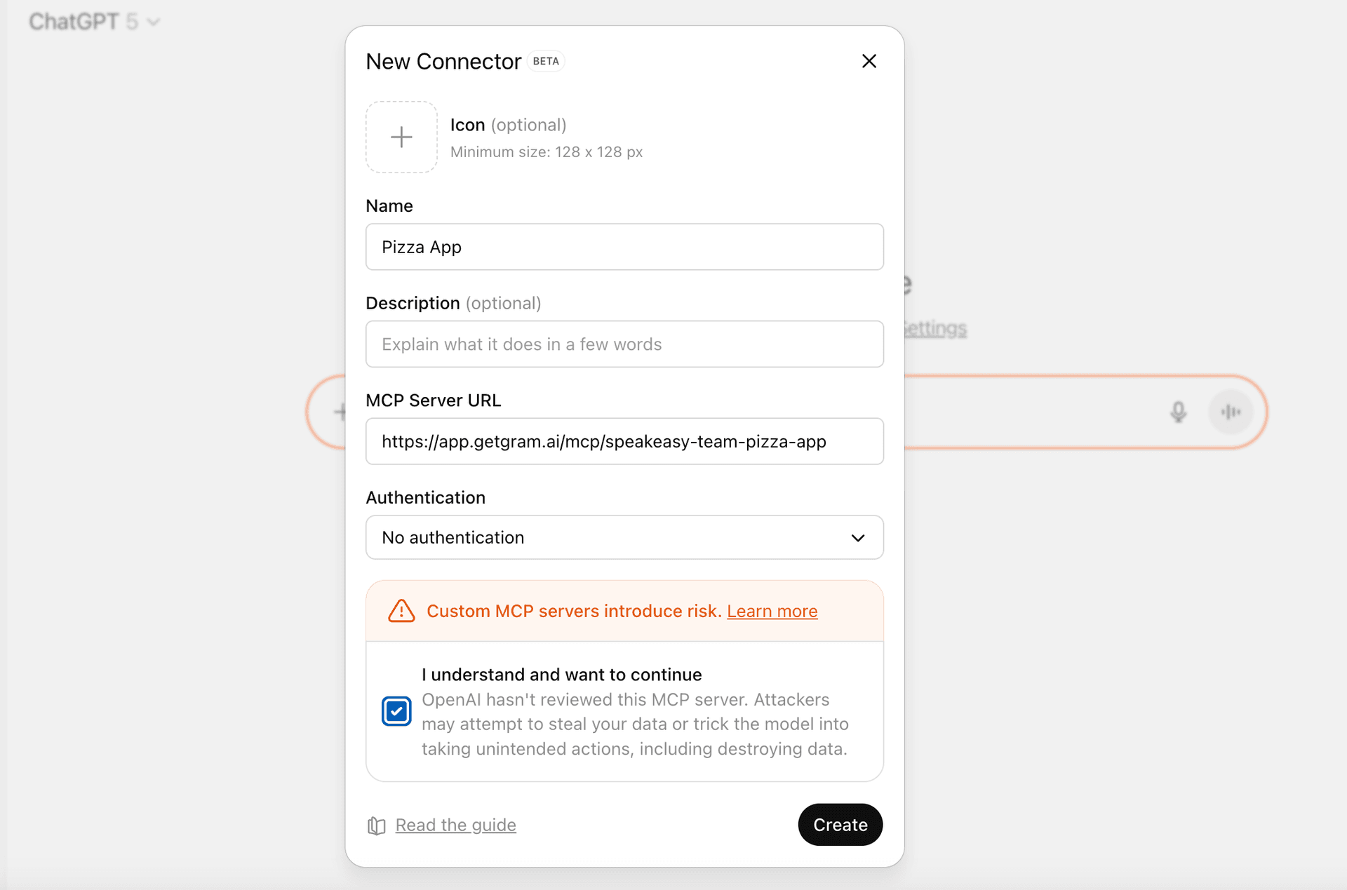 Adding the Pizza MCP server inside ChatGPT