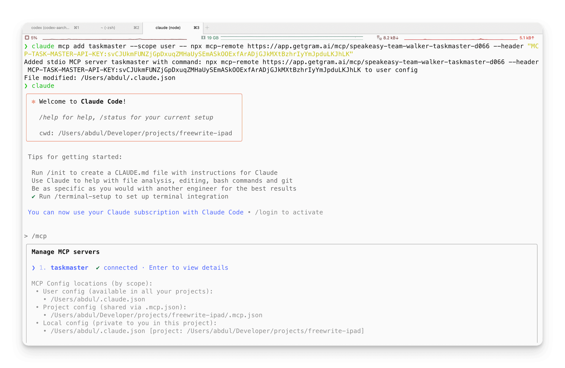 Screenshot showing the terminal output after successfully adding and configuring an MCP server in Claude Code
