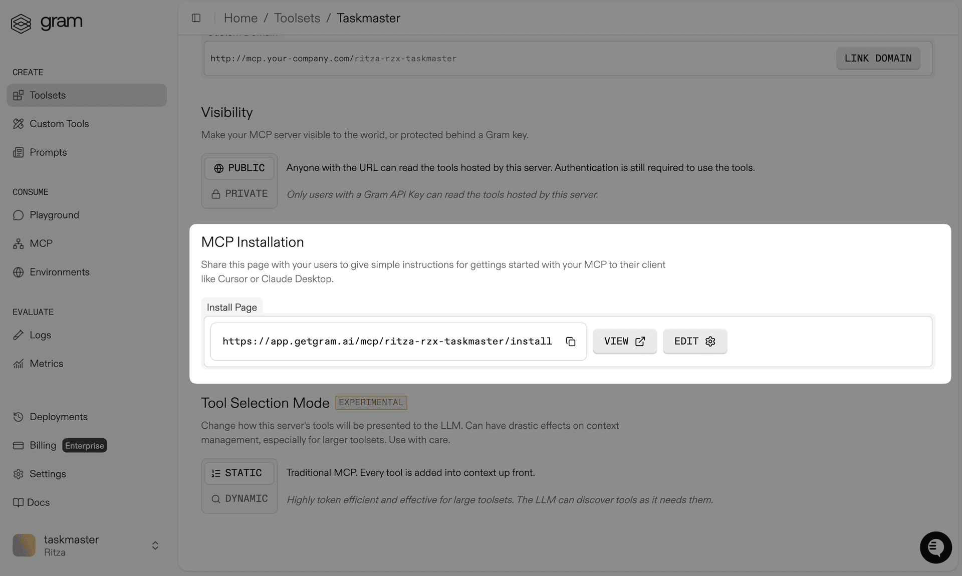 Screenshot showing the MCP server config dialog for the Taskmaster toolset