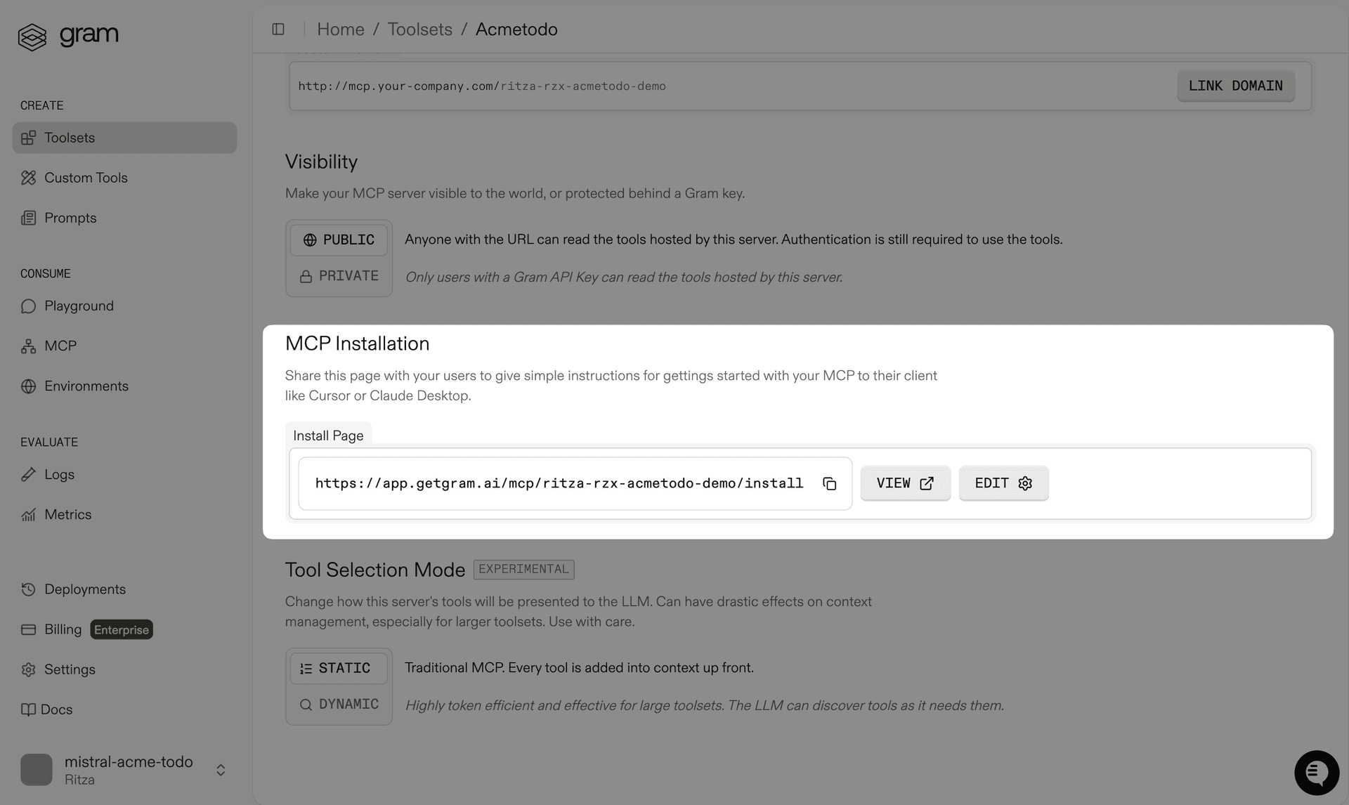 Screenshot showing the MCP server config dialog for the Push Advisor toolset
