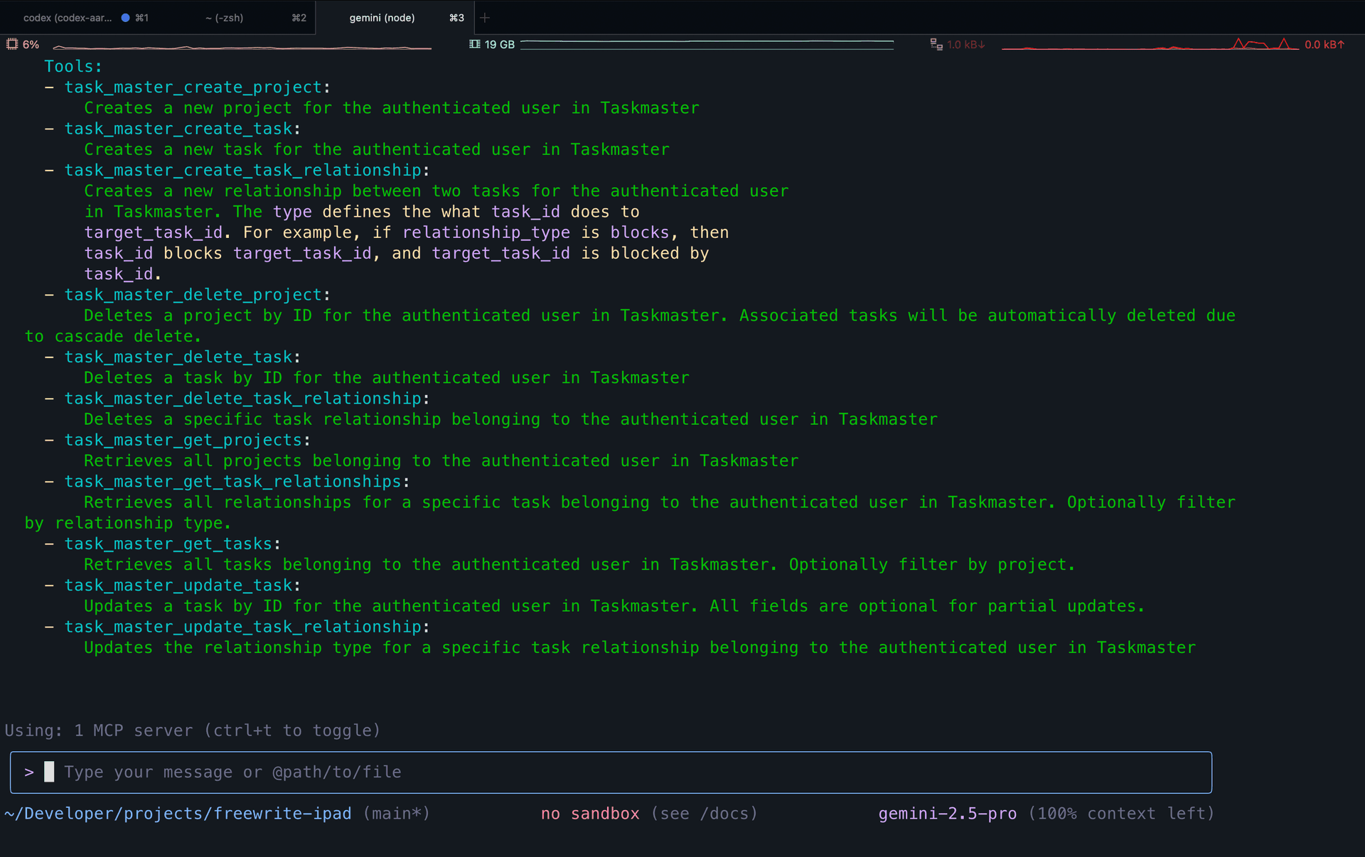 Screenshot showing Gemini CLI tool details toggle