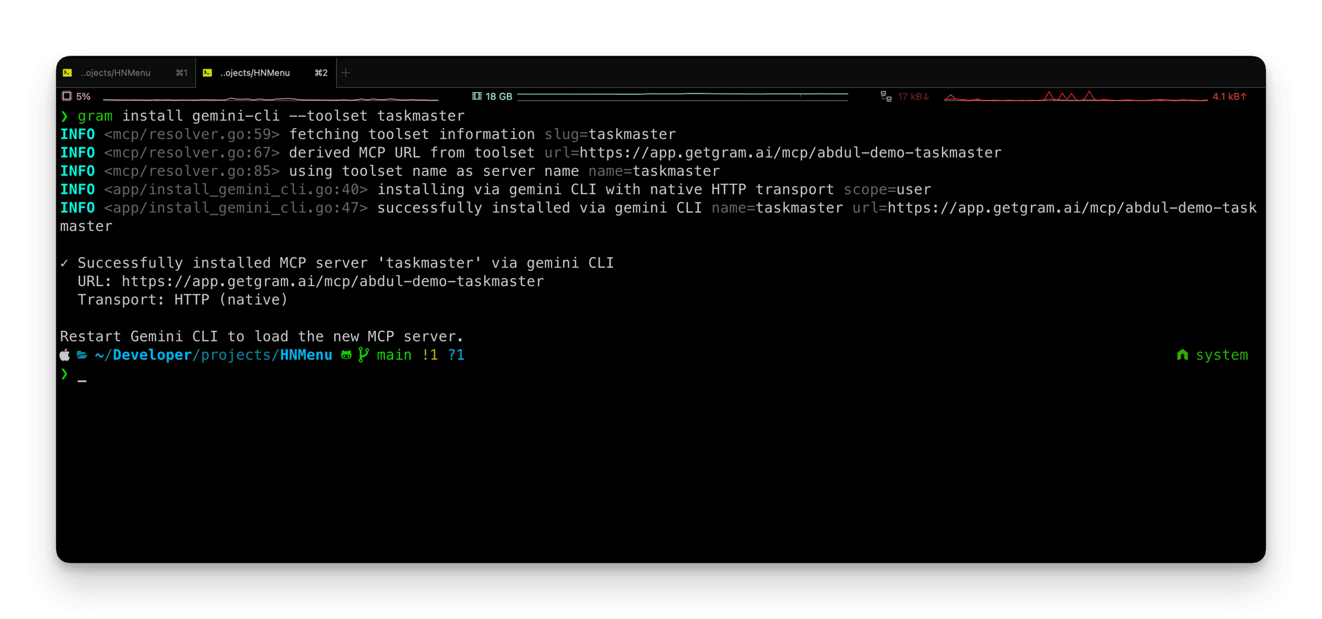 Screenshot showing the output of the gram install gemini-cli command