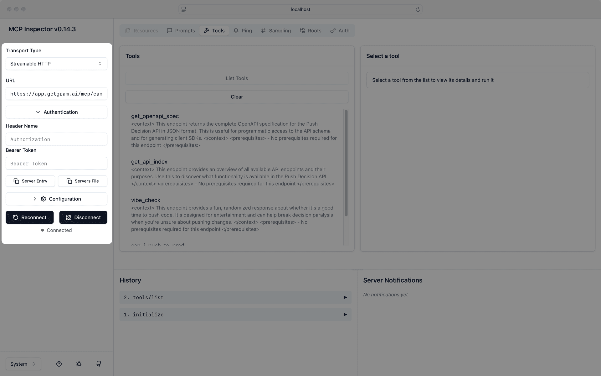 Screenshot of the MCP Inspector connecting to a Gram-hosted MCP server