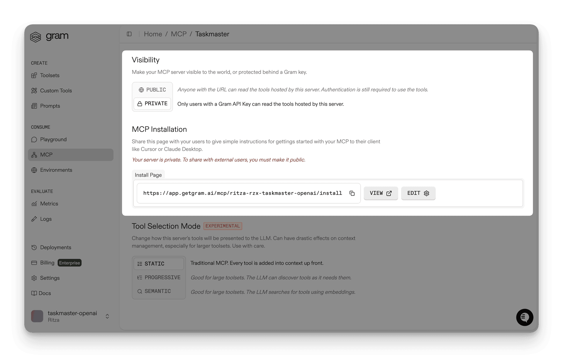 Four MCP server configuration options showing combinations of public/private and passthrough/managed authentication