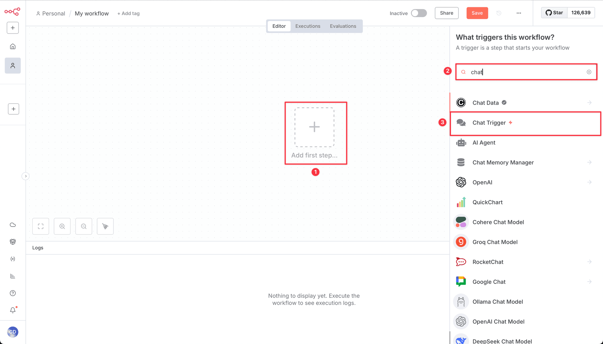 Screenshot showing how to add a Chat Trigger node in n8n
