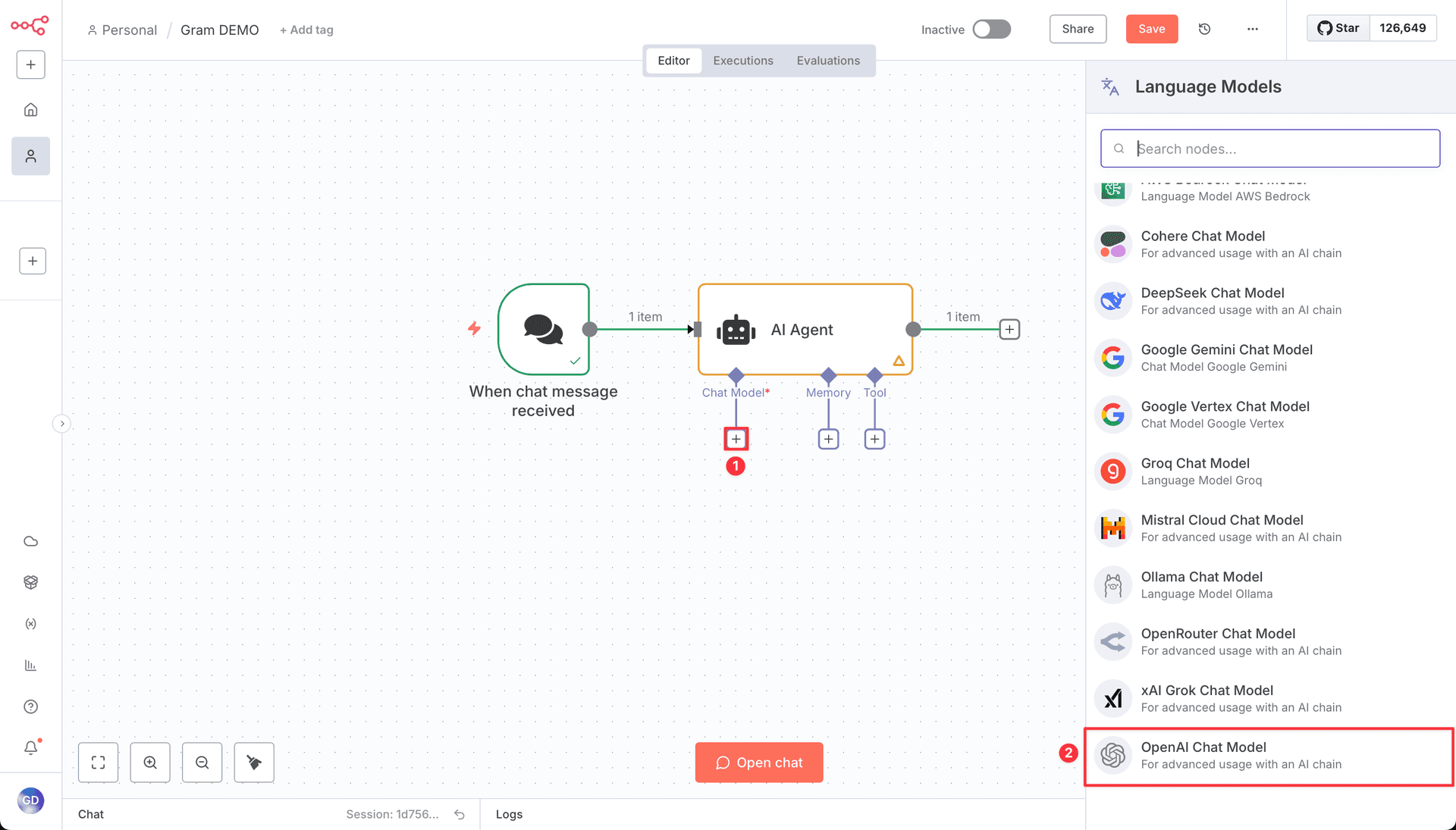 Screenshot showing how to add a chat model in n8n