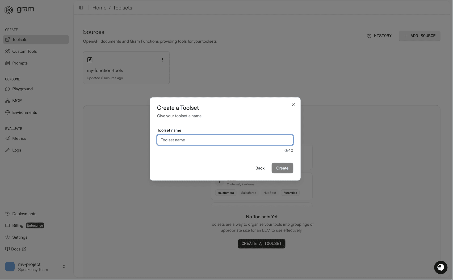 Gram Dashboard, showing the create toolset dialog