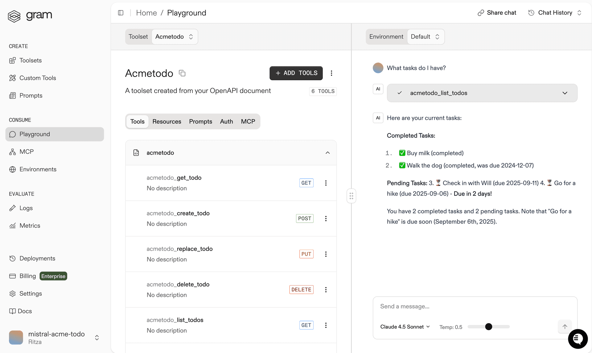 Screenshot showing how to test an MCP server in the Gram Playground