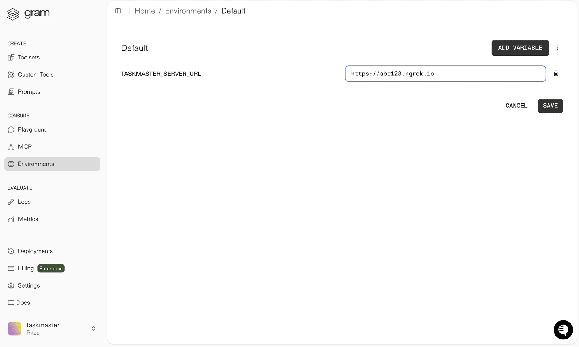 TaskBoard dialog for adding environment variables