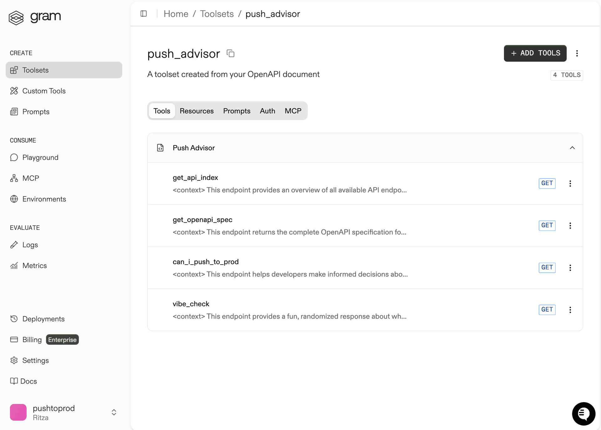 Screenshot of the Gram dashboard showing the Push Advisor toolset
