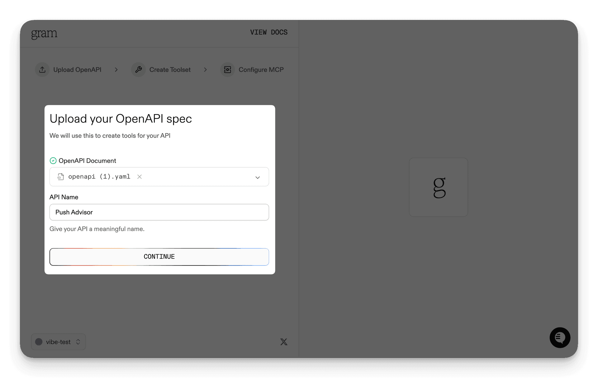 Screenshot of the upload your OpenAPI document dialog