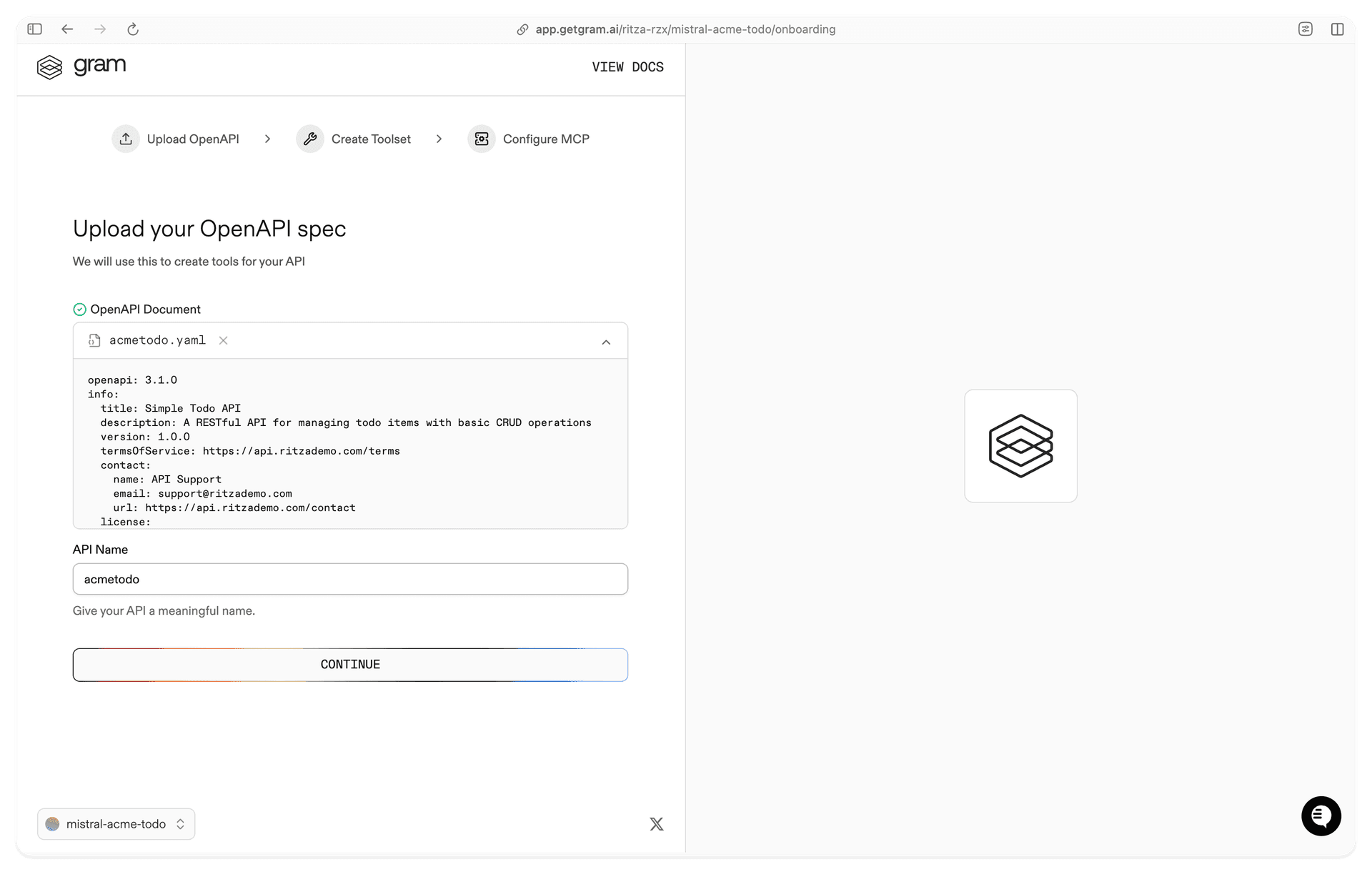 Screenshot of the upload your OpenAPI spec dialog