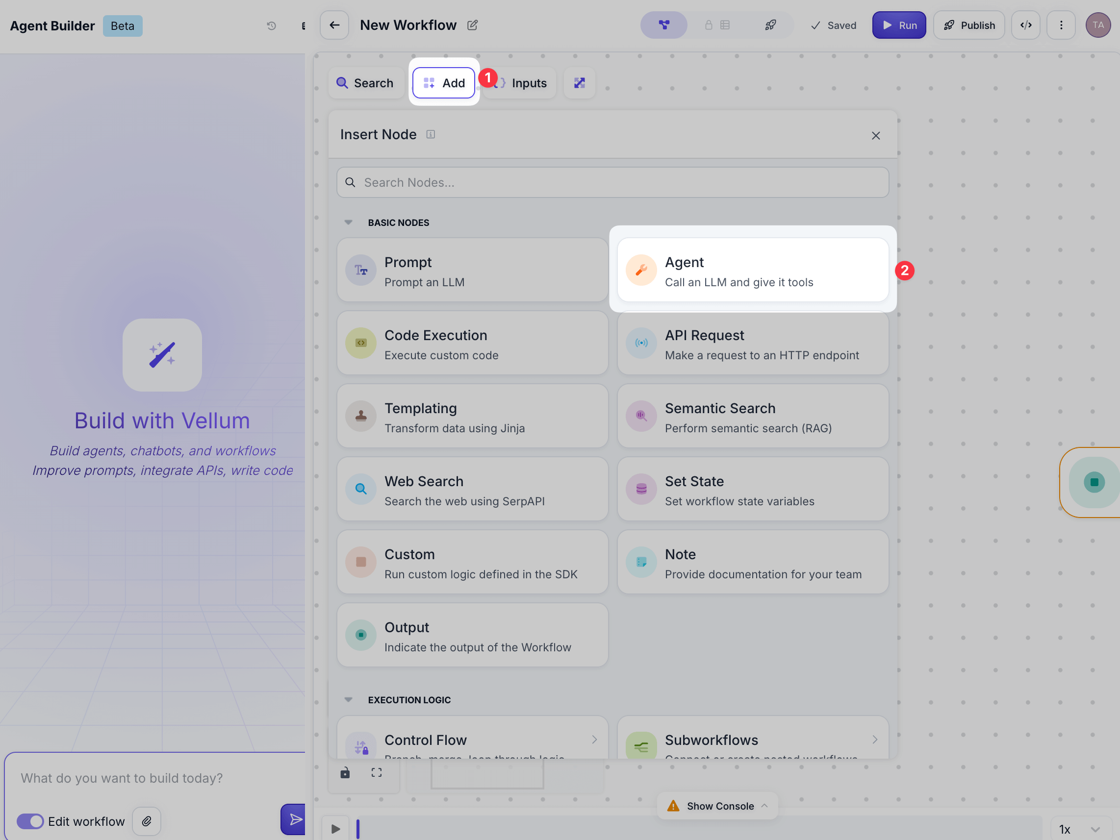 Screenshot of adding an agent node to a Vellum Workflow
