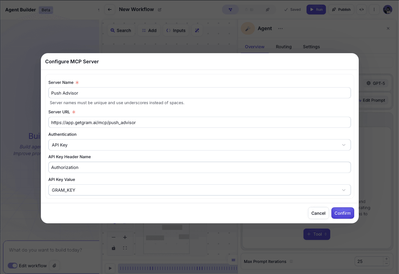 Screenshot of the MCP server configuration modal in Vellum